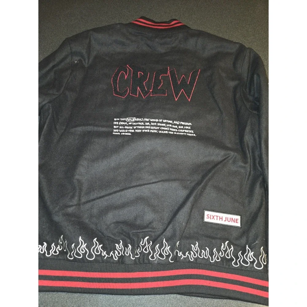 Sixth June Varsity Jacket 2XL NWT Black Embroidered Flames Streetwear